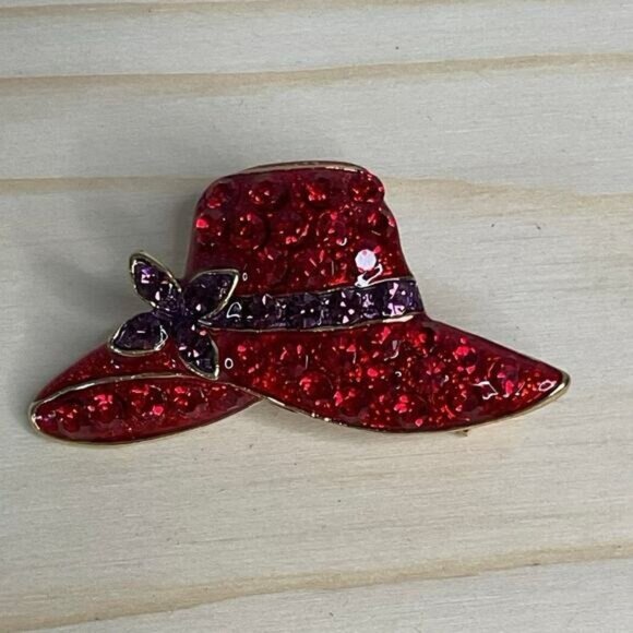 Vintage Rhinestone Red Hat Brooch Pin With Purple Flower Accent - Picture 2 of 6